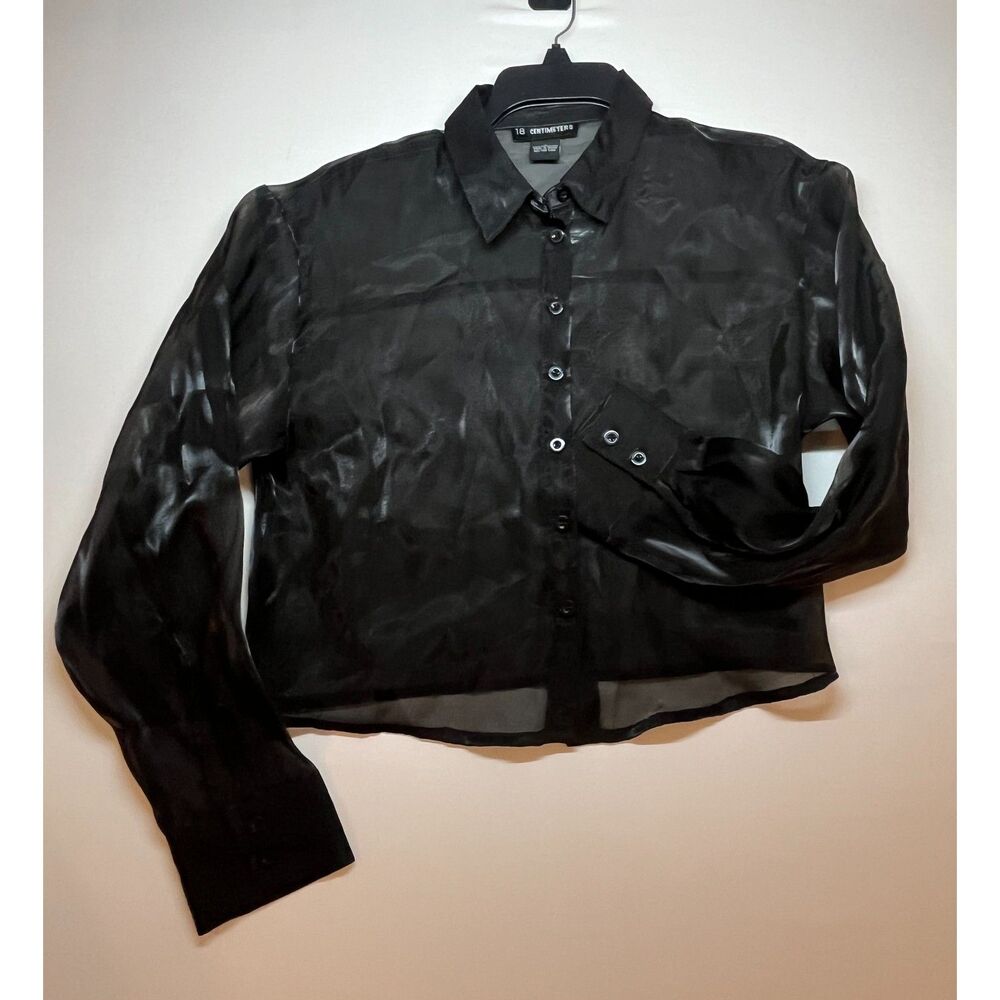 18 Centimeters Black Sheer Cropped Long-Sleeve Button Cuff Blouse Size S
